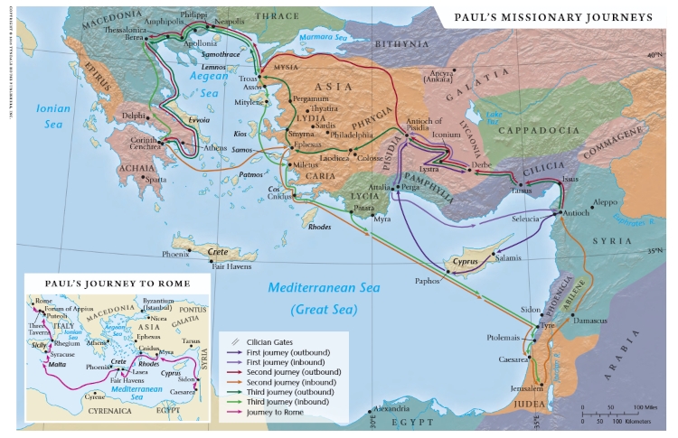 PaulsJourneys-750 Paul's 3 Journey's on one map