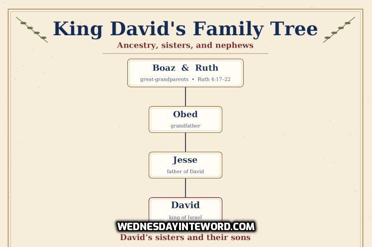 Family tree of King David showing his ancestors, siblings, wives, children, nephews, and the royal line through Solomon.”